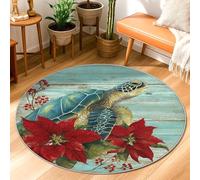 Turtle Area Rug, Tropical Nature Poinsettia Berries Winter Red Non-Slip Backing Doormat Home Accents Rug Fade Resistant Bathroom Entryway Bedside Doorway Decor 3' X 3'