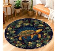 Turtle Area Rug, Winter Nature Holly Berries Winter Green Low Pile Home Floor Doormat Circle Print Accents Rug Laundry Room Bathroom Doorway Entryway Decor 3' X 3'
