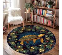 Turtle Area Rug, Winter Nature Holly Berries Winter Green Non-Slip Backing Home Indoor Doormat Accents Rug Non Shedding Entryway Bathroom Laundry Room Decor 4' X 4'