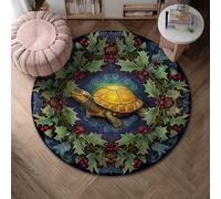 Turtle Area Rug, Winter Nature Holly Berries Winter Green Non-Slip Doormat Round Throw Rug Stain Resistant Bathroom Entryway Kitchen Bedside Decor 4' X 4'