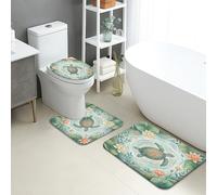 Turtle Bathroom Mat Sets 3 Piece, Aqua Green Ocean Creatures Absorbent Non Slip Toilet Rugs U Shaped Washable, Nature Inspired Quick Dry Flannel Bathroom Rug Set