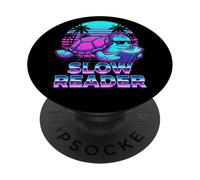 Turtle Book Reading Slow Reader Retro 80s Synthwave PopSockets Adhesive PopGrip