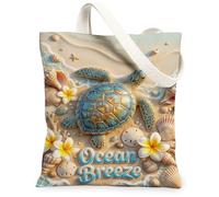Turtle Canvas Tote Bag for Women, Beach Tropical Shell Flower Summer Blue Washable Reusable Market Tote Ideas for Family Friends Colleagues Reading Loves 13x15 Inch