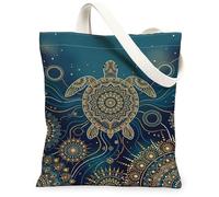 Turtle Canvas Tote Bag for Women, Bohemian Artistic Mandala Waves Summer Teal Washable Reusable Small Tote Bag Ideas for Travel Work Shopping Bookstore 13x15 Inch