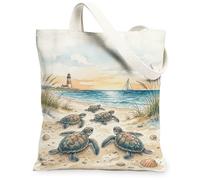 Turtle Canvas Tote Bag for Women, Coastal Natural Lighthouse Beach Summer Blue Washable Reusable Market Tote Bag Ideas for, Blue, 13x15 Inch