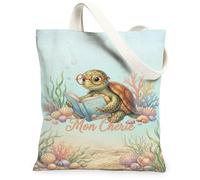 Turtle Canvas Tote Bag for Women, Marine Playful Coral Sea Shell Summer Turquoise Washable Reusable Market Tote Ideas for Outdoor Travel Workday Reading 13x15 Inch