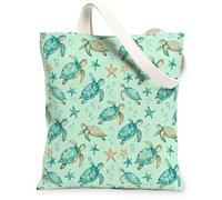Turtle Canvas Tote Bag for Women, Ocean Tropical Starfish Bubbles Summer Aqua Washable Reusable Graphic Tote Bag for Shopping Brunch Park Library Day Trips 13x15 Inch