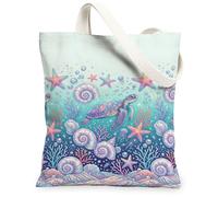 Turtle Canvas Tote Bag for Women, Ocean Tropical Starfish Seashell Summer Turquoise Washable Reusable Small Tote Bag Ideas, Turquoise, 13x15 Inch