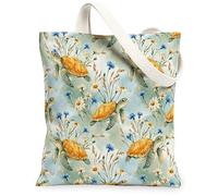 Turtle Canvas Tote Bag for Women, Summer Nature Chrysanthemum Cornflower Summer Green Washable Reusable Everyday Tote Bag I, Green, 13x15 Inch