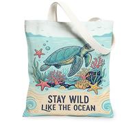 Turtle Canvas Tote Bag for Women, Summer Nature Coral Starfish Summer Turquoise Washable Reusable Aesthetic Tote Bag Ideas, Turquoise, 13x15 Inch