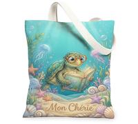 Turtle Canvas Tote Bag for Women, Summer Playful Jellyfish Coral Summer Turquoise Washable Reusable Aesthetic Tote Bag Ideas for Travel Work Shopping Bookstore 13x15 Inch