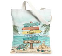 Turtle Canvas Tote Bag for Women, Summer Relaxed Palm Sandcastle Summer Blue Washable Reusable Shopping Bag Ideas for Shopp, Blue, 13x15 Inch