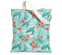 Turtle Canvas Tote Bag for Women, Summer Tropical Flower Waves Summer Turquoise Washable Reusable Shopping Bags Ideas for Family Friends Colleagues Reading Loves 13x15 Inch