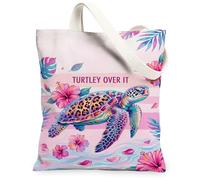 Turtle Canvas Tote Bag for Women, Tropical Playful Hibiscus Leaves Summer Peach Washable Reusable Everyday Tote Bag Ideas F, Peach, 13x15 Inch