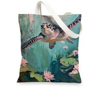 Turtle Canvas Tote Bags, Artistic Ocean Creatures Pattern Eco-Friendly Shopping Bags, Colorful Tropical Design Lightweight, Colorful, 13x15 Inch