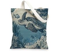 Turtle Canvas Tote Bags, Ocean Life Eco-Friendly Beach Bags, Nautical Vintage Style Lightweight Reusable Shopping Bags for, Blue, 13x15 Inch
