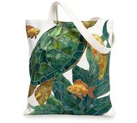 Turtle Canvas Tote Bags, Ocean Life Pattern Reusable Shopping Bags, Artistic Eco-Friendly Lightweight Washable Shoulder Bag, Green, 13x15 Inch