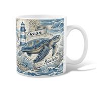 Turtle Ceramic Coffee Mug, Marine Vintage Lighthouse Waves Summer Blue Novelty Tea Cup with Handle Ideal for Friendship Family Colleague Teachers Sweetheart Staff 11 Oz