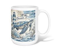 Turtle Ceramic Coffee Mug, Marine Vintage Lighthouse Waves Summer Blue Novelty Work Drinking Mugs with Handle Ideal for Friendship Family Colleague Teachers Sweetheart Staff 15 Oz