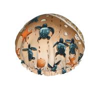 Turtle crawling on the beach Print Shower Cap - Reusable, Double Layer, Hotel Travel Essentials, Salon Shower Hat Accessories L