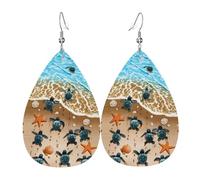 Turtle crawling on the beach Printed Teardrop Pendant Leather Earrings | Lightweight and Versatile Earrings | Suitable for Daily Commute and Date Wear