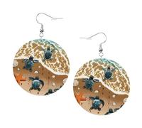 Turtle Crawling On The Beach Prints Leather Round Earrings Pendant Stylish And Light Lightweight Dangle For Women Girls, One Size, Leather, No Gemstone