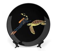 Turtle Diver Bone China Decorative Plate Ceramic Wall Dinner Plates with Display Stand for Home Kitchen Decor 6inch