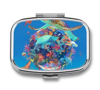 Turtle Fish Jellyfish Pill Case Box with 2 Compartment Medicine Vitamin Organizer for Purse Pocket 5.5x4cm