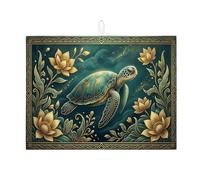 Turtle Floral Dish Drying Mats for Kitchen Counter, Vintage Gold Absorbent Dish Drainer Mat, Ocean Inspired Microfiber Drying Pad Home Decor 18x24 Inch