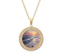 Turtle Hatchlings Crawling on The Beach Shiny Pendant Necklaces for Women Circle Diamond Necklace Charms Wedding Anniversary Birthday