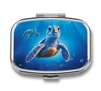 Turtle in Blue Water Travel Pill Organizer - Daily Pill Box to Hold Vitamins, Portable Pill Case Cod Liver Oil Storage Box with 2 Compartment for Pocket Purse