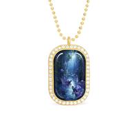 Turtle in Forests Rectangle Pendant Necklace Alloy White Shiny Diamond Square Gold Silver Jewelry for Women Men