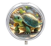 Turtle in The Sun Pill Box Cute Round Small Pill Organizer Portable with 3 Compartments Travel Metal Pill Case for Pocket Or Purse Privacy Protecting Medicine Box