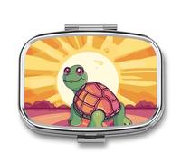 Turtle in The Sun Pill Box,Portable Travel Pill Organizer,Retro Durable 2 Compartment Pill Case for Vitamins, Medication, Fish Oil and Supplements