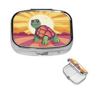 Turtle in The Sun Pill Case with Mirror Retro 2 Compartment Pill Box Small Pill Organizer for Purse or Pocket Decorative Metal Medicine Vitamin Organizer Unique Gifts