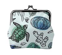 Turtle Jellyfish Stock Illustrations Women's Leather Coin Purse, Small Change Pouch with Kiss-Lock Clasp Closure Buckle Wallet for Girl Gift