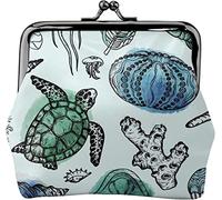 Turtle Jellyfish Stock Illustrations Women's Leather Coin Purse, Small Change Pouch with Kiss-Lock Clasp Closure Buckle Wallet for Girl Gift