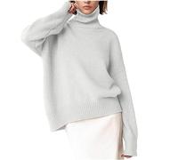 Turtle Neck Jumpers for Women UK Ladies Cable Knitted Sweaters High Neck Long Sleeve Sweater Solid Color Casual Pullover Sweaters Knitwear Tops Loose Sweatshirt Plain Knit Jumpers for Ladies Gray