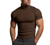 Turtle Neck Shirt Men Compression Fit Short Sleeve Casual Round Neck Big and Tall Shirts Summer Casual Beach T-Shirts Brown