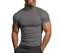 Turtle Neck Shirt Men Short Sleeve Casual Compression Fit Round Neck Big and Tall Shirts Casual Summer Beach Tshirts Grey