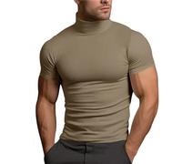 Turtle Neck Shirt Men Short Sleeve Casual Compression Fit Round Neck Big and Tall Shirts Casual Summer Beach Tshirts Khaki