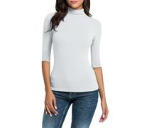 Turtle Neck Tops for Women UK Half Sleeve Slim Fit Basic Stretchy Ladies T Shirt Solid Color Based Layer Tight Tops Tee Mock Neck Short Sleeve Shirts Soft Comfy Spring Summer Tops Outfits White