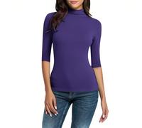 Turtle Neck Tops for Women UK Half Sleeve Slim Fit Basic Stretchy Ladies T Shirt Solid Color Based Layer Tight Tops Tee Mock Neck Short Sleeve Shirts Soft Comfy Spring Summer Tops Outfits Purple