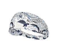 Turtle Octopus Pattern Ocean Theme Printed Running Headband Women, Foldable Adjustable Width, Non Slip for Workout Washing and Spa