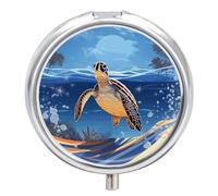 Turtle on The Beach Pill Box Travel Pill Case for Purse Pocket Weekly Medicine Organizer with Mirror 3 Compartment Round Medicine Case Portable PillcaseHolder for Daily