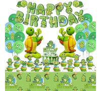 Turtle Party Decorations - Balloons, Happy Birthday Banner, Cake Topper, and Green Tablecloth for Under the Sea Birthday Party Accessories