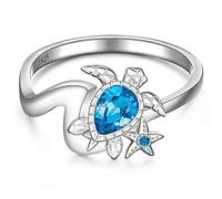 Turtle Ring Sapphire Jewelry Ocean Themed Gifts for Women Blue Stone Starfish 925 Ocean Wave Sea Turtle Rings Sterling Silver for Teen Girls Sister Friend Mom Size10, Sterling Silver, Cubic Zirconia