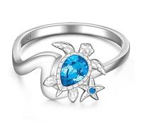 Turtle Ring Sapphire Jewelry Ocean Themed Gifts for Women Blue Stone Starfish 925 Ocean Wave Sea Turtle Rings Sterling Silver for Teen Girls Sister Friend Mom Size10, Sterling Silver, Cubic Zirconia