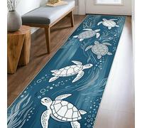 Turtle Runner Rug, Coastal Nautical Coral Seaweed Summer Teal Non-Slip Soft Rectangle Carpet Stain Resistant for Kitchen Entryway Laundry Hallway Decor 2x8 Ft