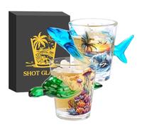 Turtle & Shark Glass Shot Glasses, Unique Ocean Series Shot Glass, 50ml Shot Cups Set of 2 with Gift Box for Alcohol Shots, Vodka, Expresso, Tequila & Dessertsor, Party Gift, Grreen & Blue